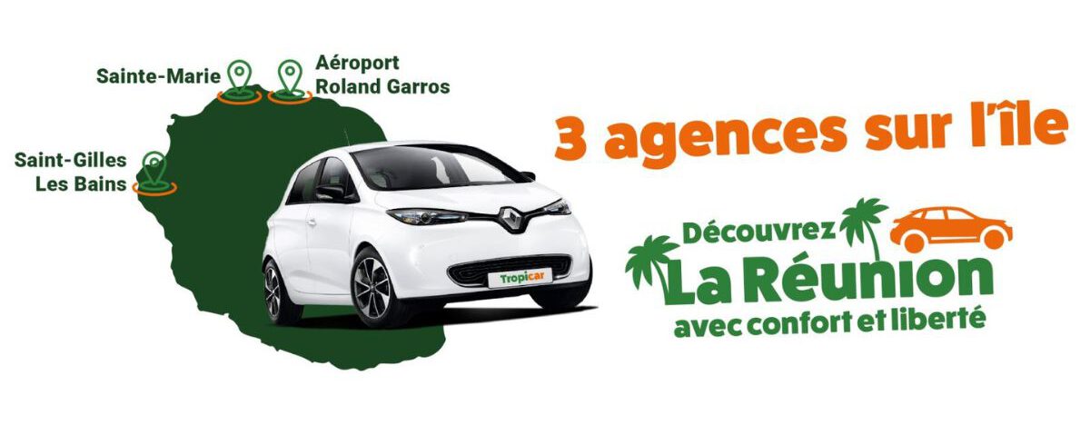 Carte de La Réunion indiquant les emplacements des agences Tropicar, avec un focus sur l'agence située à l'aéroport Roland Garros