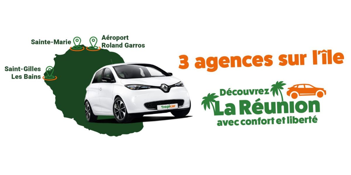 Carte de La Réunion indiquant les emplacements des agences Tropicar, avec un focus sur l'agence située à l'aéroport Roland Garros